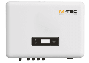 un piccolo dispositivo di colore bianco e grigio. sulla parte superiore del dispositivo è presente un piccolo monitor con il logo M-TEC. sulla parte inferiore del dispositivo sono presenti alcuni piccoli connettori grigi.