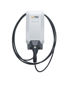 bianco e grigio modulare con icone e logo M-TEC nella parte anteriore. intorno ad esso c'è un lungo cavo che aiuta a caricare i veicoli