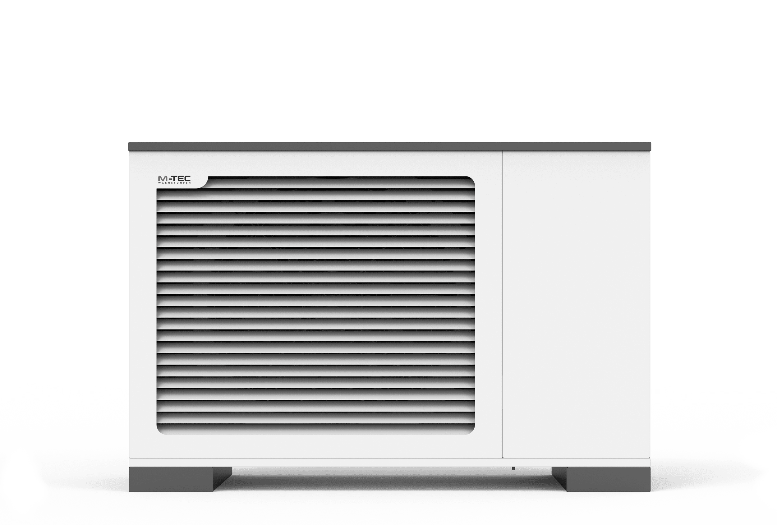 una piccola pompa di calore bianca e grigio scuro con il logo M-TEC in alto a sinistra
