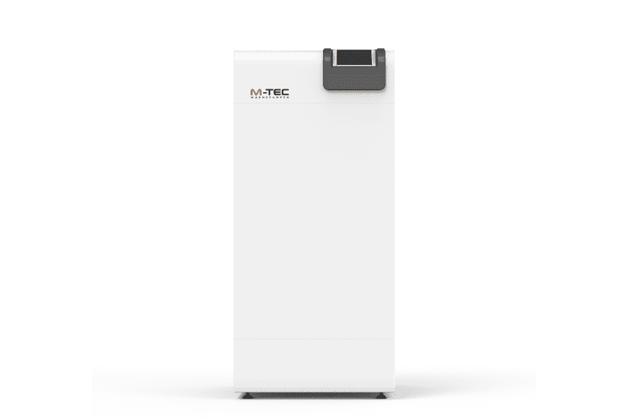 un dispositivo bianco e alto con un piccolo monitor a destra e il logo M-TEC a sinistra